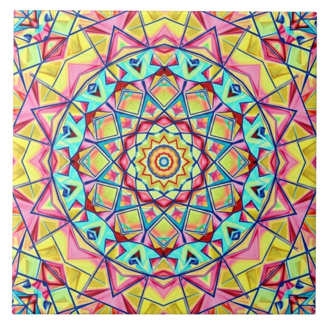 Vibrant Geometric Kaleidoscope Pattern Ceramic Tile (Front)