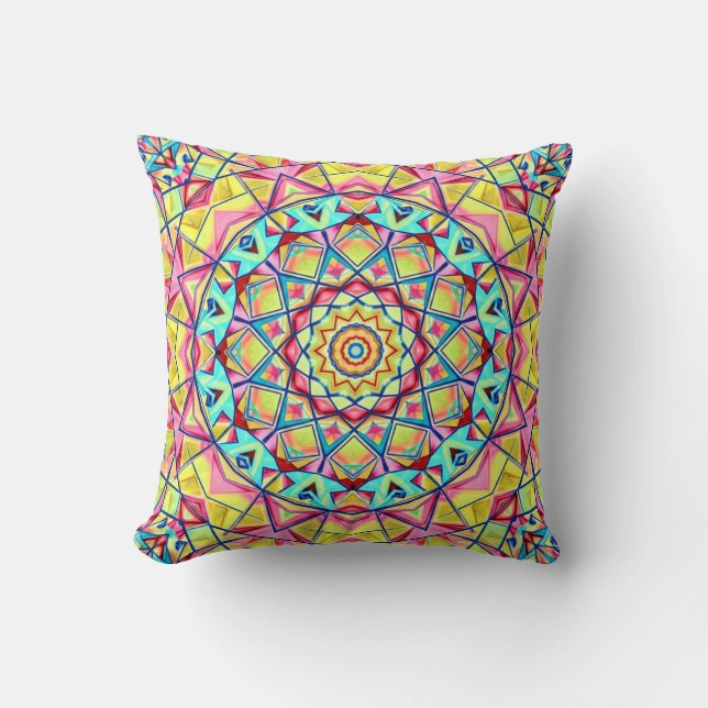 Vibrant Geometric Kaleidoscope Pattern Throw Pillow (Front)