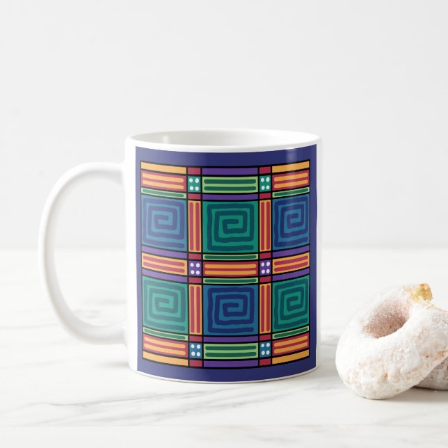 Vibrant Geometric Pattern Coffee Mug (With Donut)