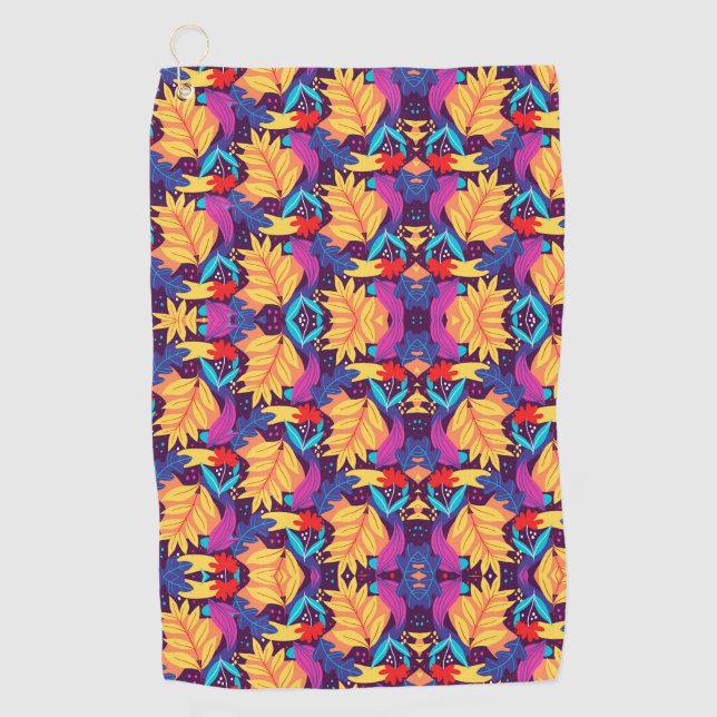 Vibrant geometric pattern features orange flowers  golf towel (Front)