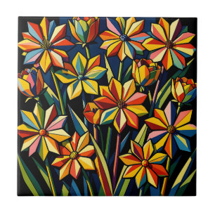 Vibrant Geometric Rainbow Flower Bouquet Ceramic Tile
