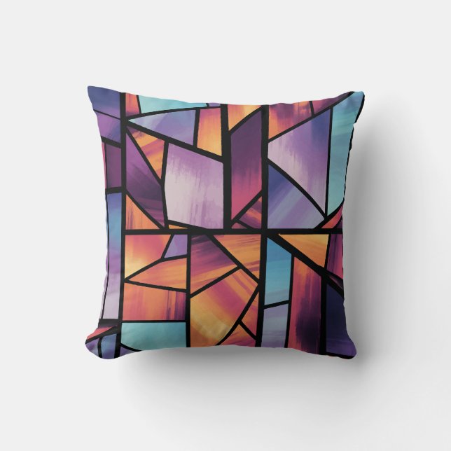 Vibrant Geometric Stained Glass Art Throw Pillow (Front)