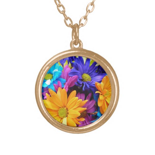 Vibrant Gerbera Daisy Bouquet Gold Plated Necklace