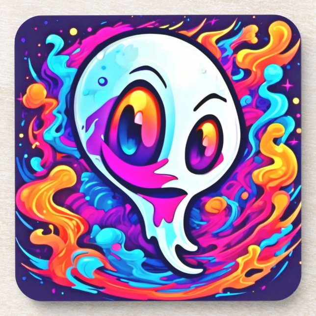 Vibrant Ghost Cartoon Beverage Coaster (Front)