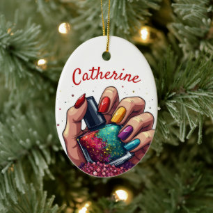 Vibrant Gift for Manicurists Custom Name Christmas Ceramic Ornament