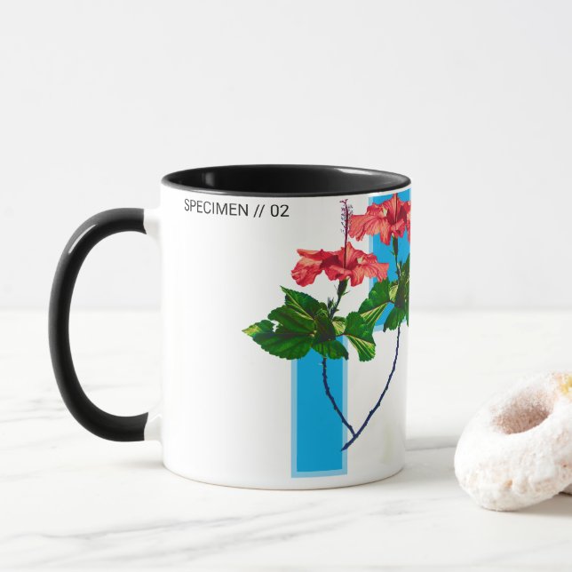 Vibrant Glitch Hibiscus - Modern Botanical Art Cof Mug (With Donut)
