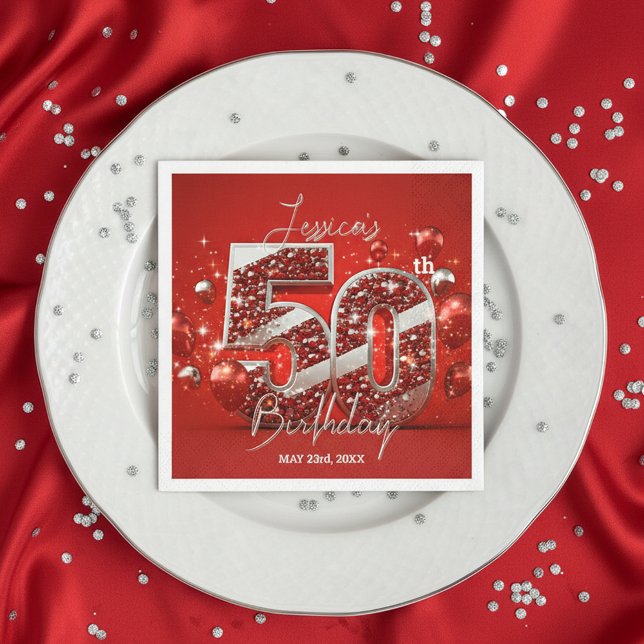 Vibrant Glittery Ruby Red and Silver 50th Birthday Napkins (Creator Uploaded)