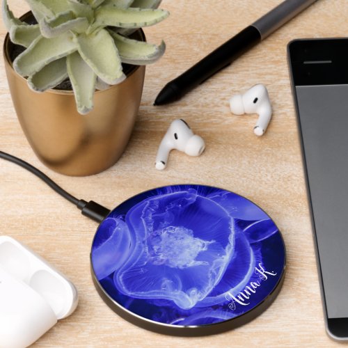 Vibrant Glowing Nautical Blue Jellyfish Personal Wireless Charger