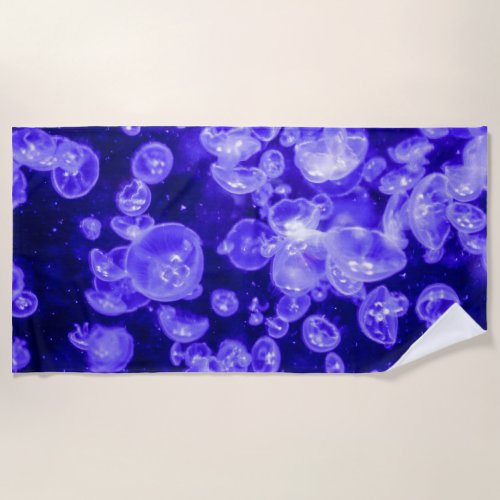 Vibrant Glowing Nautical Jellyfish Swarm Beach Towel