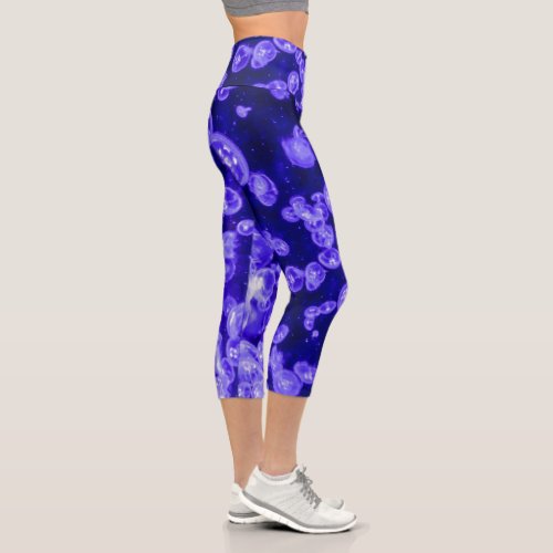 Vibrant Glowing Nautical Jellyfish Swarm Capri Leggings