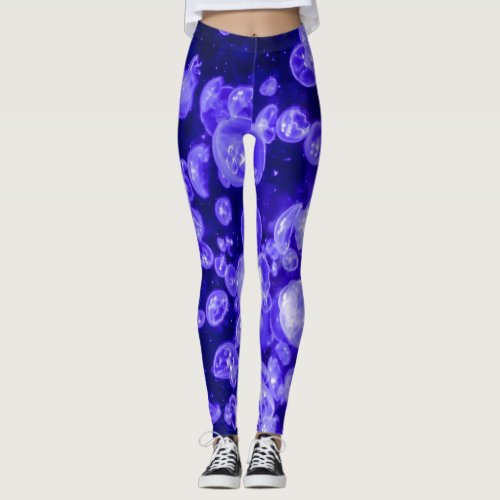 Vibrant Glowing Nautical Jellyfish Swarm Leggings