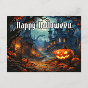 Vibrant Glowing Spooky Pumpkin Happy Halloween Postcard