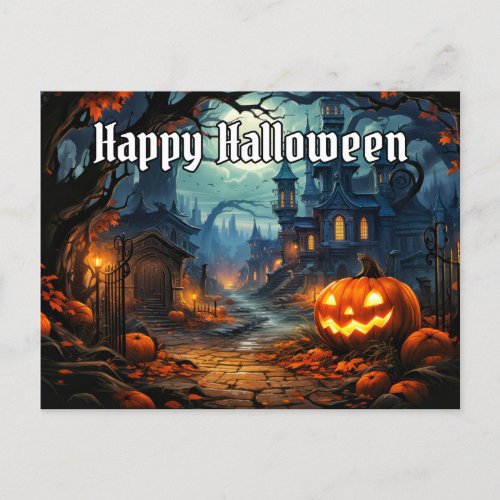 Vibrant Glowing Spooky Pumpkin Happy Halloween Postcard