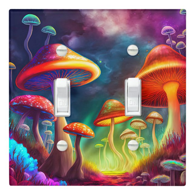 Vibrant Glowing Wild Mushroom Illustration Light Switch Cover (In Situ)
