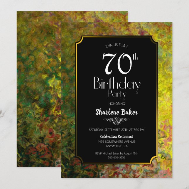 Vibrant Gold Border Black 70th Birthday Invitation (Front/Back)