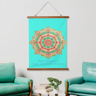 Vibrant Gold Turquoise Blue and Coral Aum Mandala 
