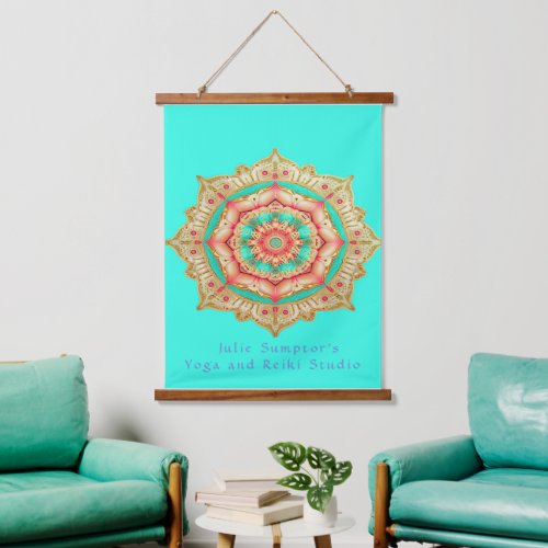 Vibrant Gold Turquoise Blue and Coral Aum Mandala  Hanging Tapestry