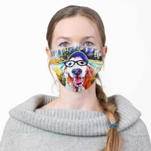 Vibrant Golden Retriever Dog in Nerd Glasses Adult Cloth Face Mask