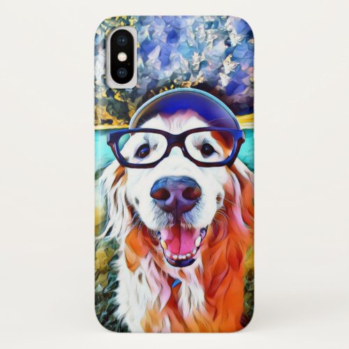 Vibrant Golden Retriever Nerd Glasses Painting iPhone X Case