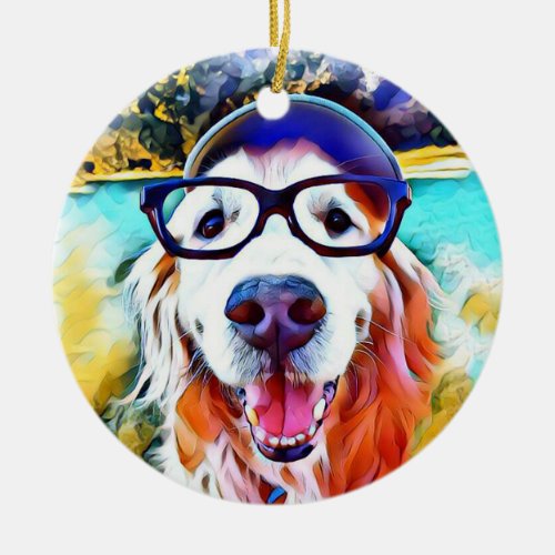 Vibrant Golden Retriever Nerd Glasses Painting Ceramic Ornament