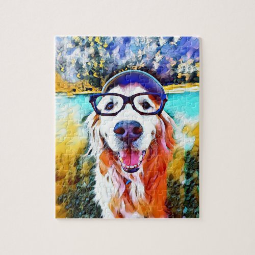 Vibrant Golden Retriever Nerd Glasses Painting Jigsaw Puzzle