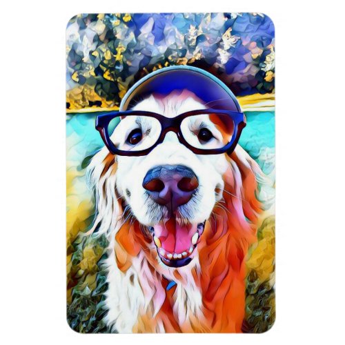 Vibrant Golden Retriever Nerd Glasses Painting Magnet