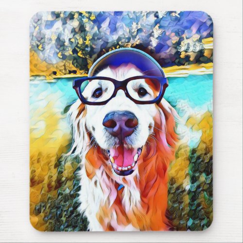 Vibrant Golden Retriever Nerd Glasses Painting Mouse Pad