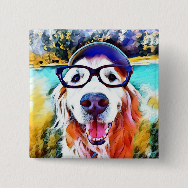 Vibrant Golden Retriever Nerd Glasses Painting Pinback Button (Front)