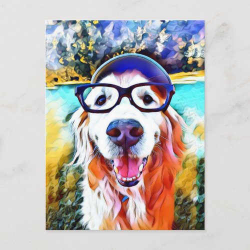 Vibrant Golden Retriever Nerd Glasses Painting Postcard