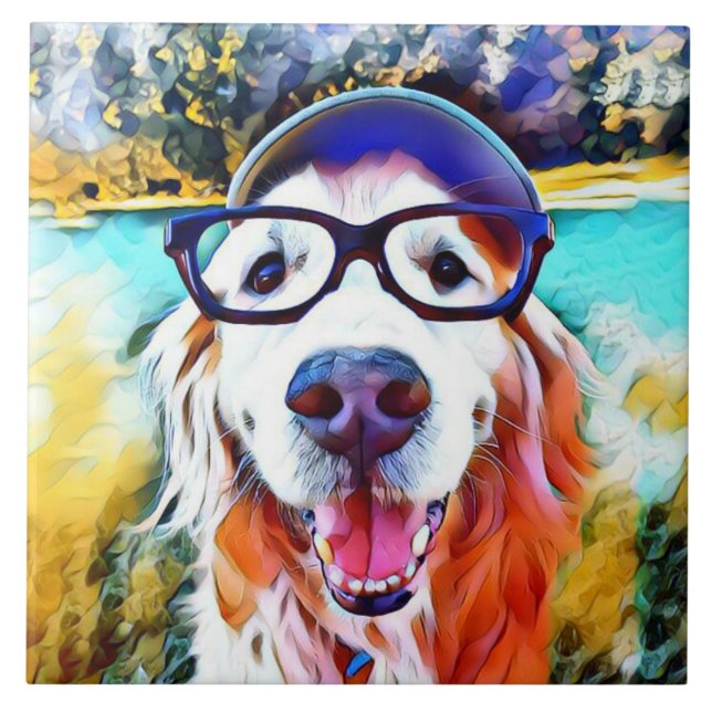 Vibrant Golden Retriever Nerd Glasses Painting Tile (Front)