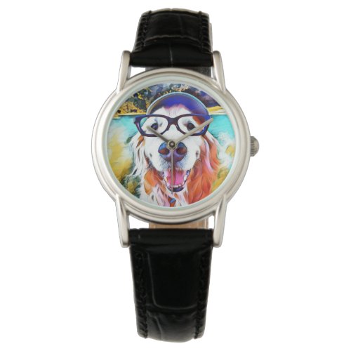 Vibrant Golden Retriever Nerd Glasses Painting Watch