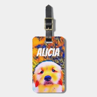 Vibrant Golden Retriever Puppy Psychedelic Art Bag Tag