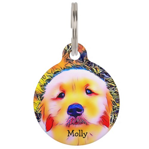 Vibrant Golden Retriever Puppy Psychedelic Art Pet ID Tag