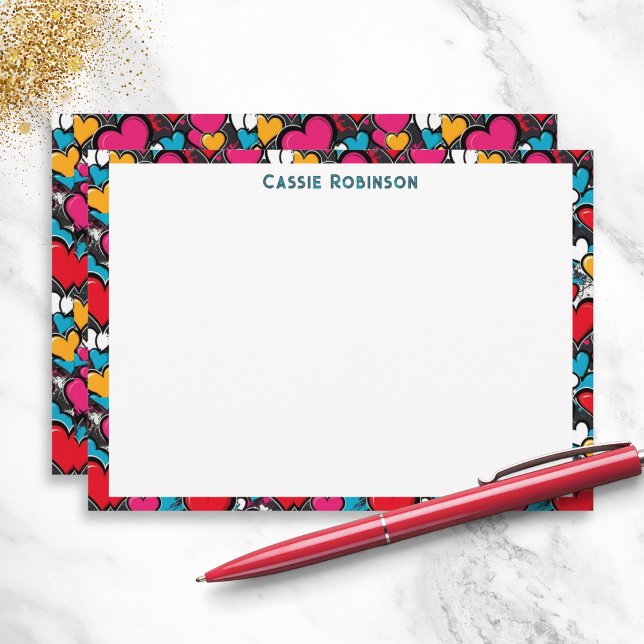 Vibrant Graffiti Hearts Colorful Personalized Note Card (A personalized note card, with colorful graffiti hearts design in a modern street art inspired style)