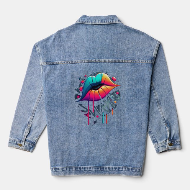 Vibrant Graffiti-Style Colorful Lips Denim Jacket (Back)