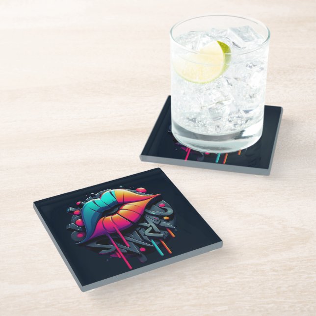 Vibrant Graffiti-Style Colorful Lips Glass Coaster (Angled)
