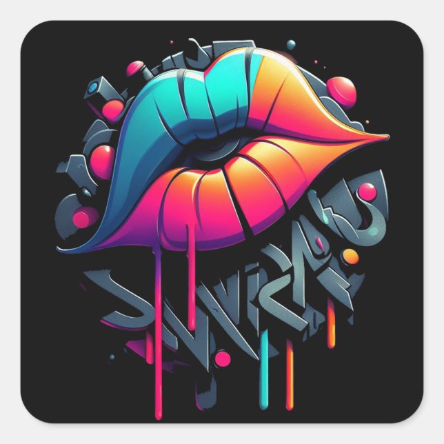 Vibrant Graffiti-Style Colorful Lips Square Sticker (Front)