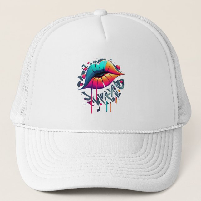 Vibrant Graffiti-Style Colorful Lips Trucker Hat (Front)
