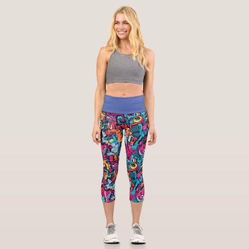 Vibrant Graphic Graffiti_Inspired Capri Leggings