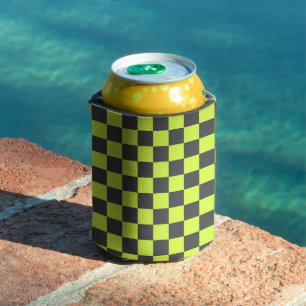Vibrant Green and Gray Checkered Pattern Can Cooler