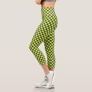 Vibrant Green and Gray Checkered Pattern Capri Leggings