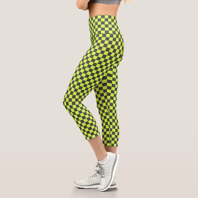 Vibrant Green and Gray Checkered Pattern Capri Leggings (Left)