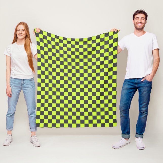 Vibrant Green and Gray Checkered Pattern Fleece Blanket (In Situ)