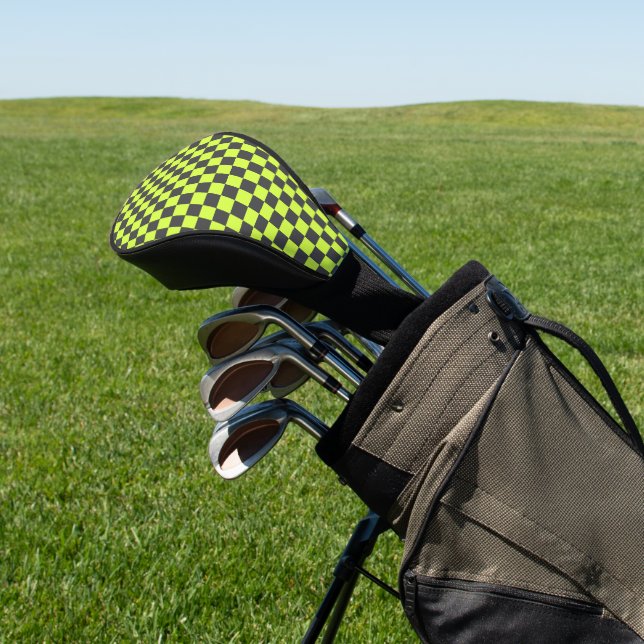 Vibrant Green and Gray Checkered Pattern Golf Head Cover (In Situ)