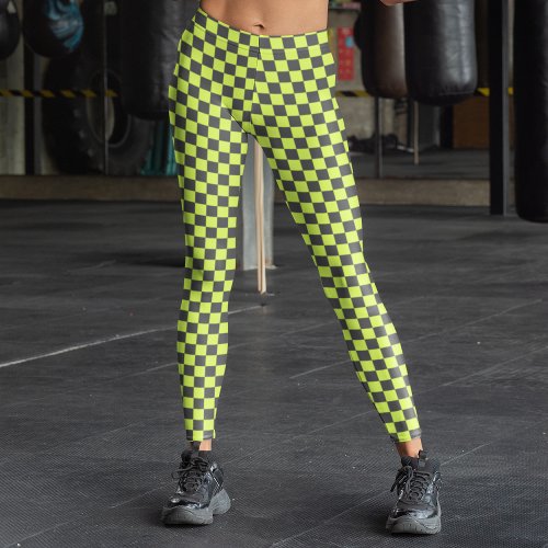 Vibrant Green and Gray Checkered Pattern Leggings