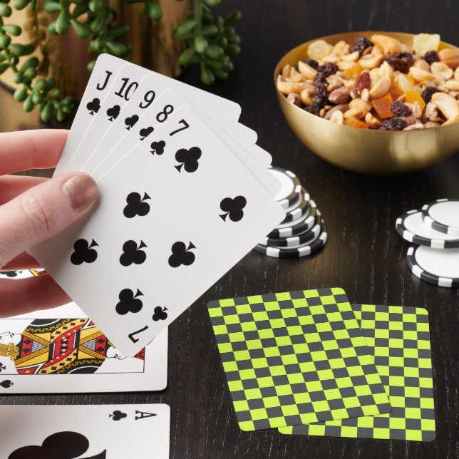 Vibrant Green and Gray Checkered Pattern Poker Cards (In Situ)