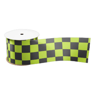 Vibrant Green and Gray Checkered Pattern Satin Ribbon