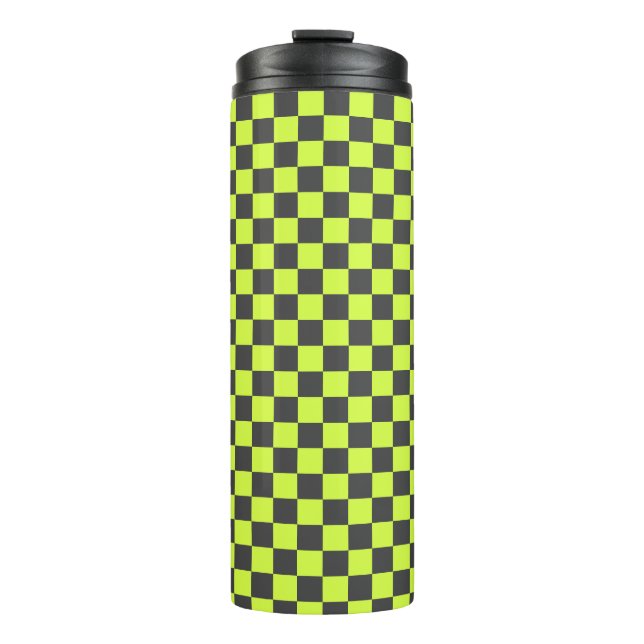 Vibrant Green and Gray Checkered Pattern Thermal Tumbler (Front)