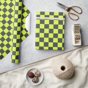 Vibrant Green and Gray Checkered Pattern Wrapping Paper