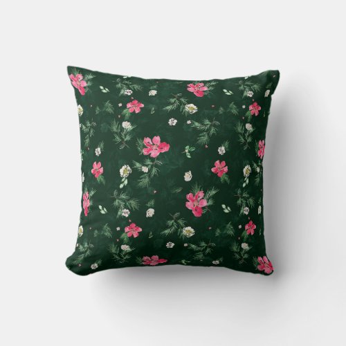 Vibrant  Green and pink floral watercolor pattern Throw Pillow